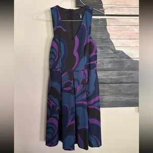 Trina Turk Blue and Purple A Line Flare Sleeveless Dress with Pockets
